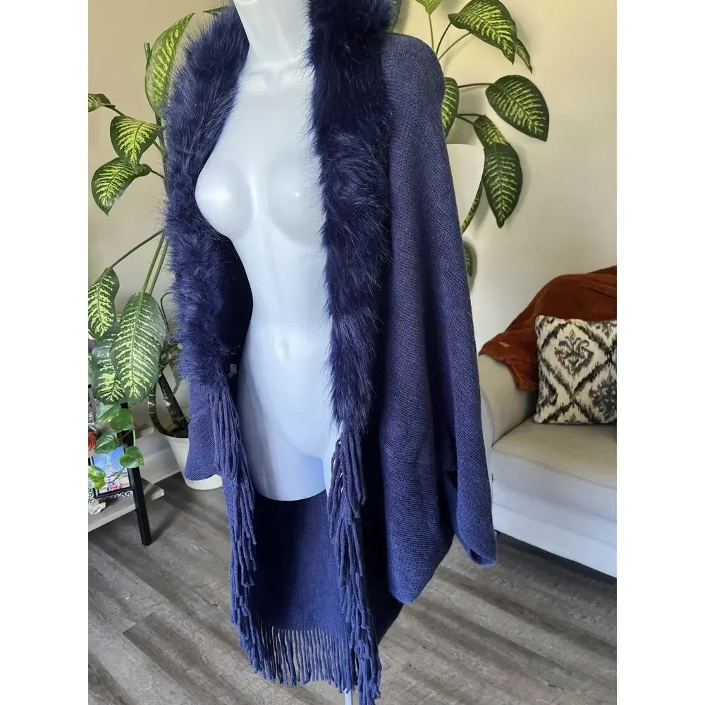 Tamsy Boutique Navy Blue Faux Fur Poncho Old Money Cape Wrap OS #1017
